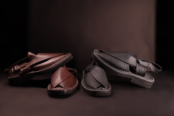Display of handcrafted Peshawari chappals in brown and black leather, arranged elegantly against a dark background to showcase traditional design and craftsmanship.